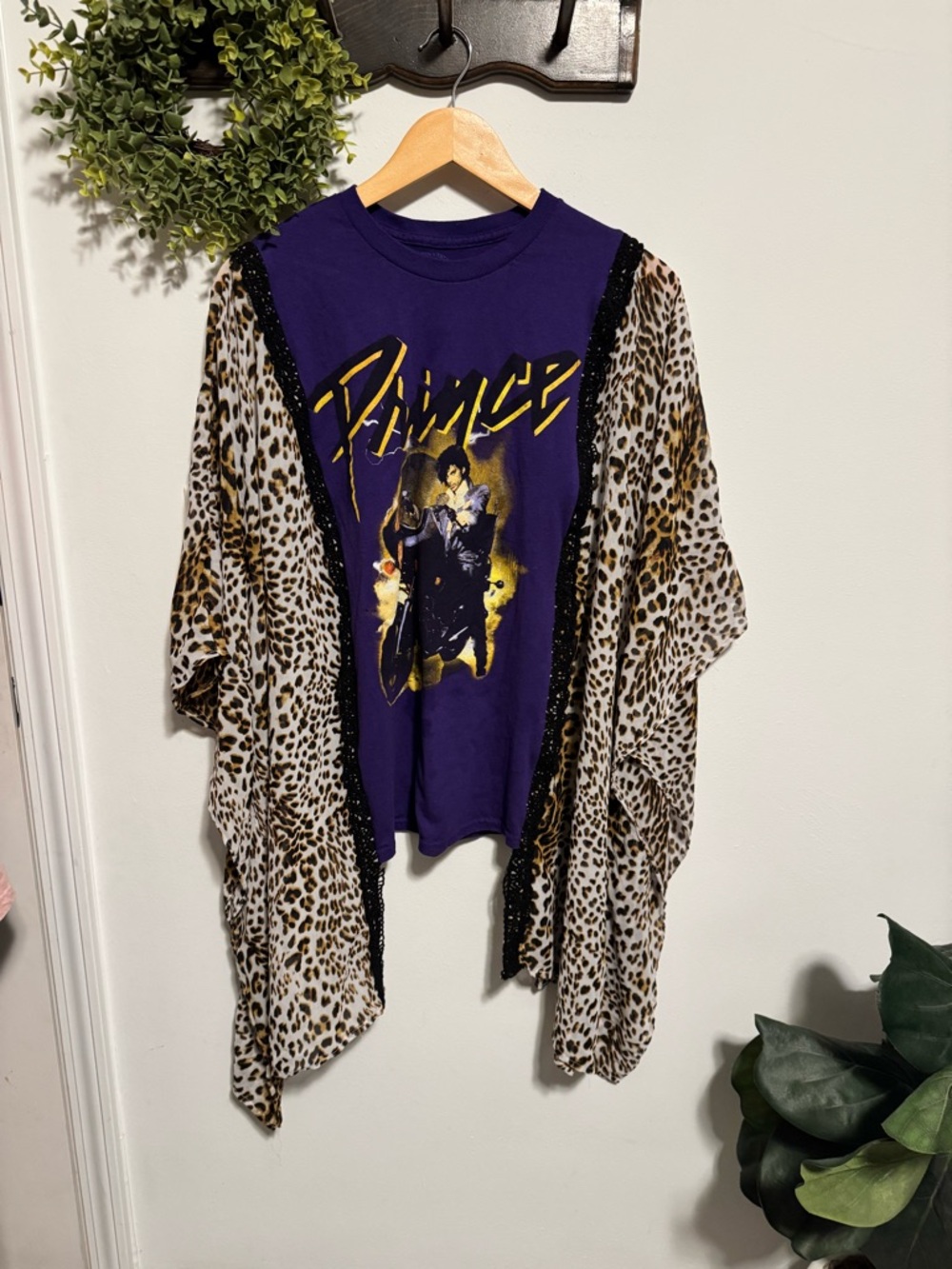 Upcycled Prince Graphic Tee with Leopard Kimono Sleeves - Purple & Leopard